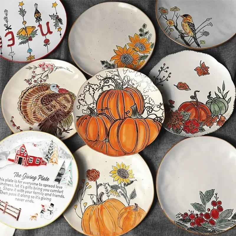 1pcs Nordic Ceramic Picnic Plate Hand-painted Pumpkin Dinner Plates Environmental Picnic Children Tableware Kitchen Supplies