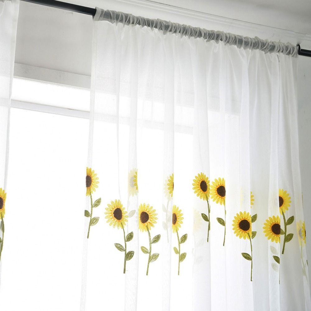 Elegant Sheer Curtains Gauze Transparent Curtain Sunflower Tulle Curtain  Home Decoration