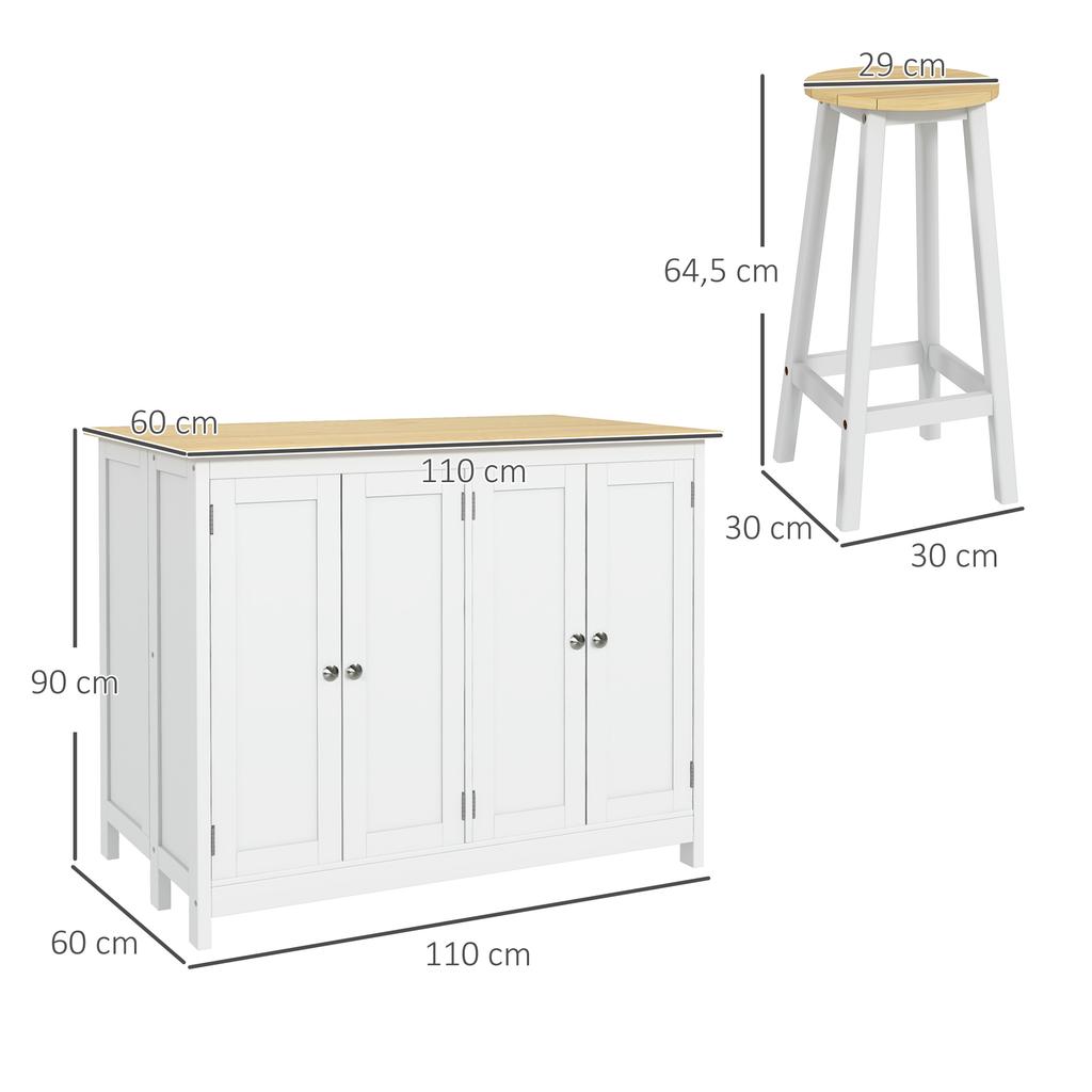 Kitchen island trolley with 2 stools drop-leaf worktop 2 cupboards with 4 doors modern design white
