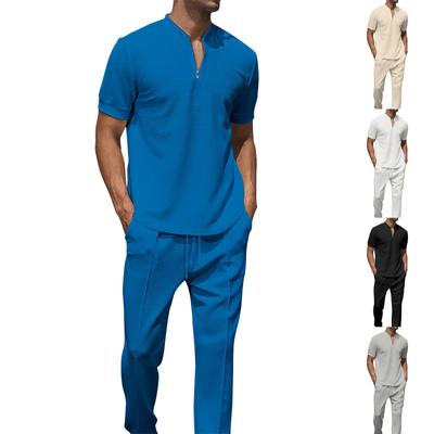 Men'S Casual Stand Up Collar Solid Color Zippered Short Sleeved Pants Set