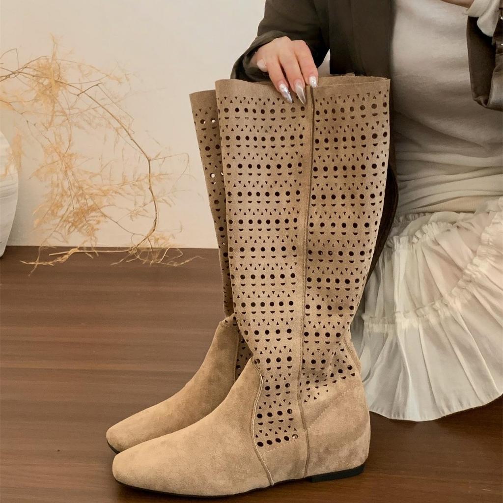 4CM Inner Height Increase~ Retro Spice Girl Maillard Hollow Boots Women's Summer Breathable Non-slip Millennial Wind Thin Boots