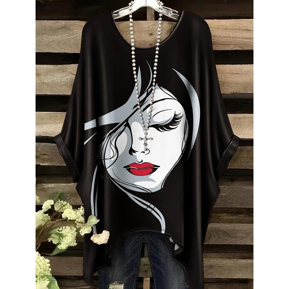 Damen T-Shirt Elegant Schwarz Gestreift Damen Gesichts Grafikdruck Tops Sommer Lässig Rundhals Kurzarm T-Shirts für Damen