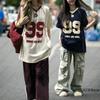 2026 Summer New 99 Print T-Shirt For Women V-Neck Patchwork Short Sleeve Vintage Sports Football Jersey Y2K Loose Oversized Tops