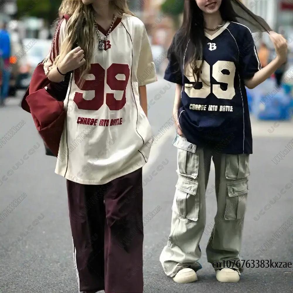 2026 Summer New 99 Print T-Shirt For Women V-Neck Patchwork Short Sleeve Vintage Sports Football Jersey Y2K Loose Oversized Tops