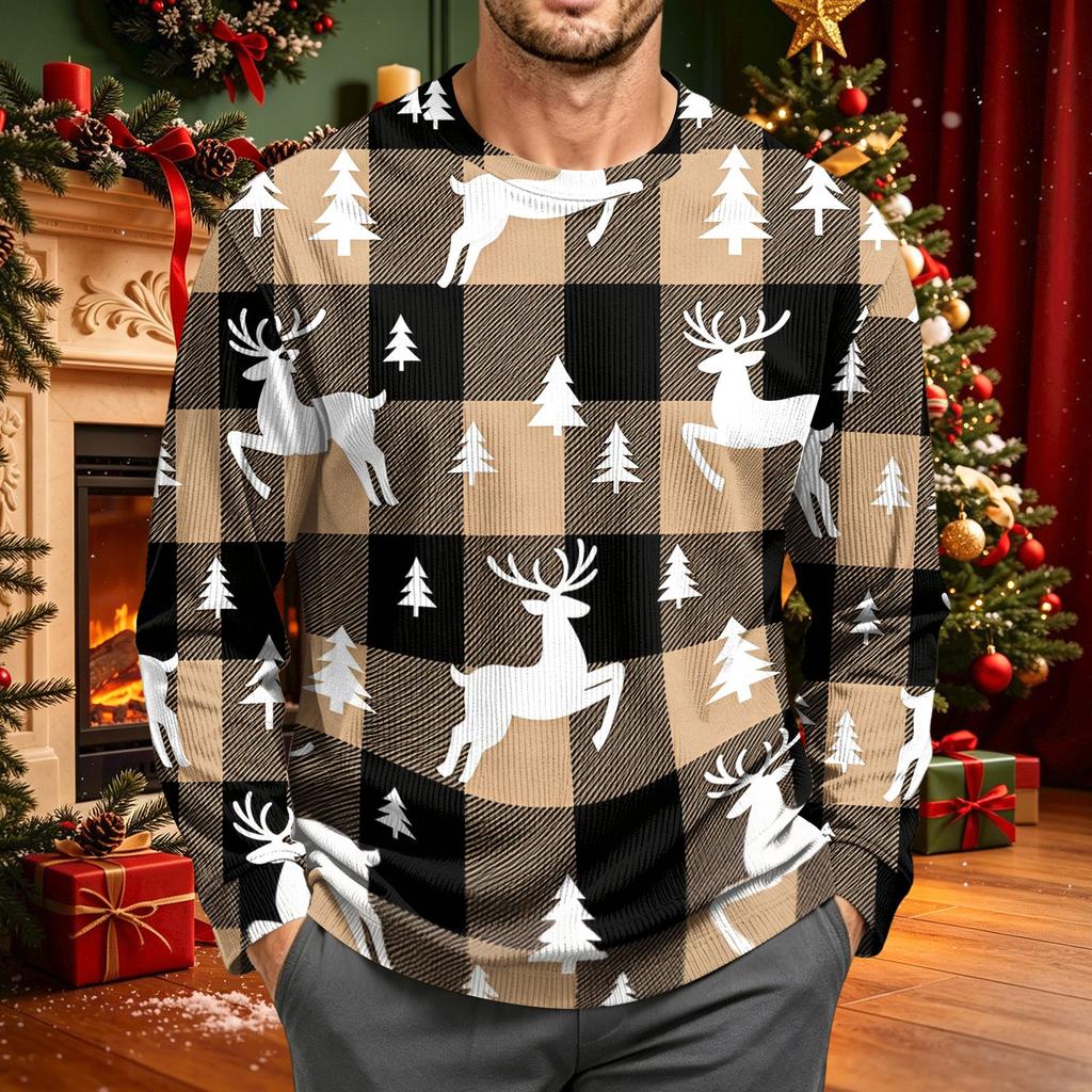 Men's Corduroy Long Sleeve Neck Shirt with Christmas Print for Holiday Casual Wear