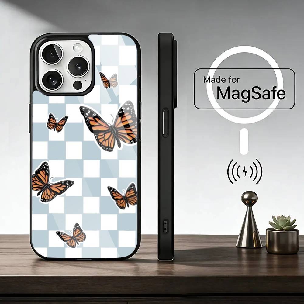 Retro Art Schwarzer B-Schmetterling Handyhülle für iPhone 17, 16, 15, 14, 13, 12, 11 Plus, Pro Magnetisch mit Magsafe Kabelloses Laden