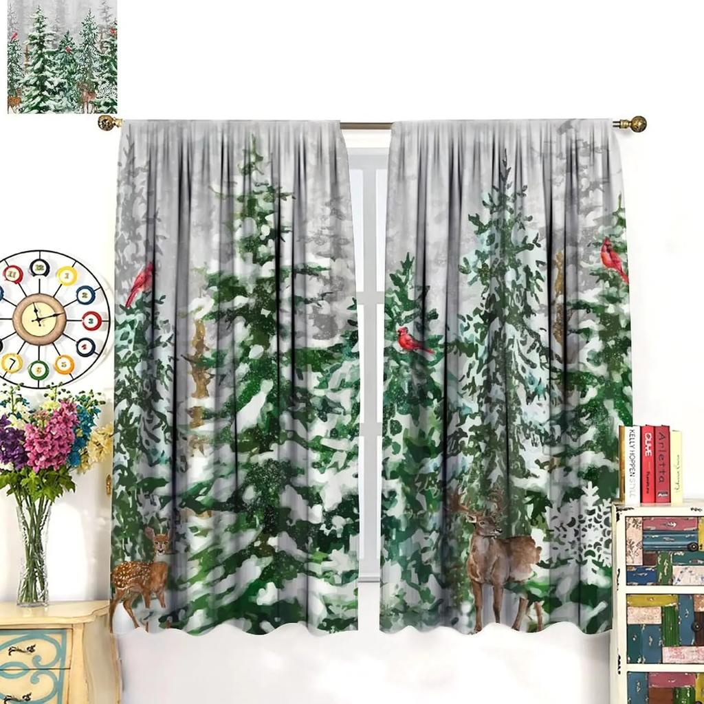 2pcs Watercolor Winter Forest Printed Curtains, Designed for Light Filtering, Quality Material, Ideal for Christmas Home Window