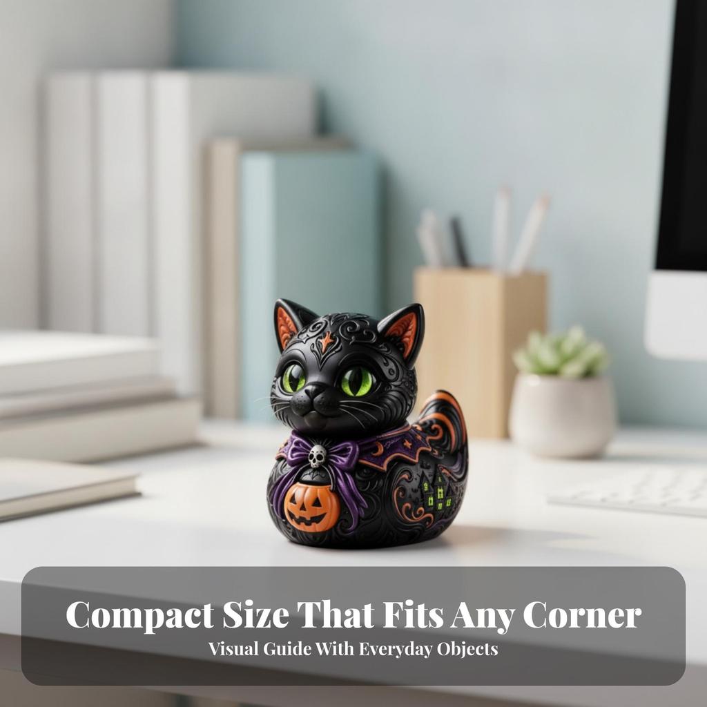 Cat Figurine with Jack-O'-Lantern Playful Pumpkin Decoration Gothic for Desks
