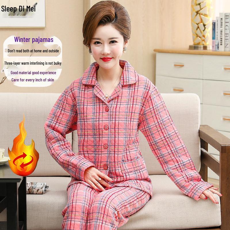 Women's Thick Warm Knitted Cotton Pajamas for Autumn/Winter - Middle-Aged & Elderly Sleepwear, Versatile Home & Outdoor Wear