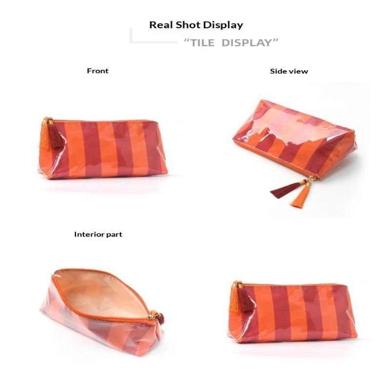 Pvc Striped Cosmetic Bag Makeup Bag With Fringe And Zipper Waterproof Travel Toiletry Bag Makeup Brush Case
