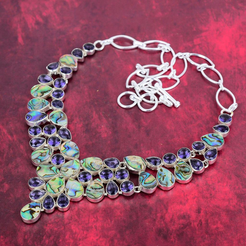 Abalone Shell, Amethyst 925 Solid Sterling Silver Necklace with Adjustable Chain, Handmade Gemstone Jewelry Necklace For Memorial Day
