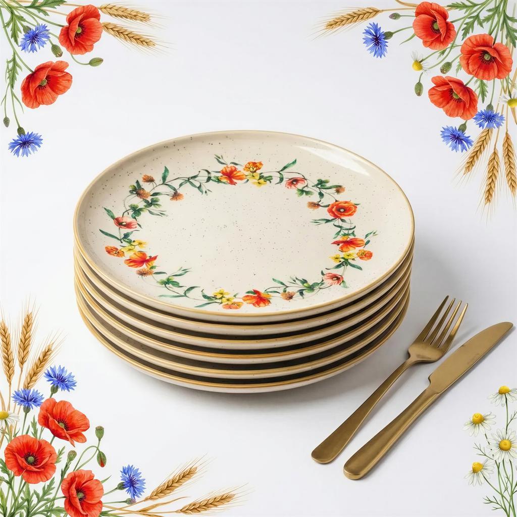 PLATES 6 pcs LARGE DINNER PLATES 27cm CERAMICS WILD FLOWERS POPPIES