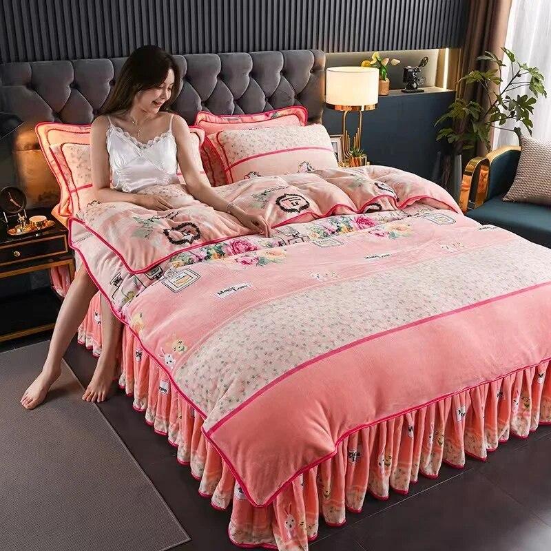 4pcs Bedding Set Fine Velvet Duvet Cover King Queen Size Thicken Quick Warm Coral Fleece Quilt Cover Bed Sheet Pillowcase