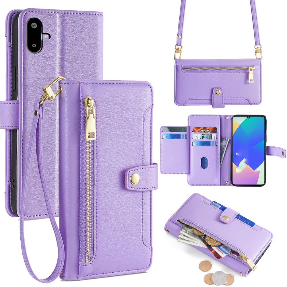 For Samsung Galaxy F06 5G Leather Case Zipper Pocket Wallet Phone Cover with 2 Straps
