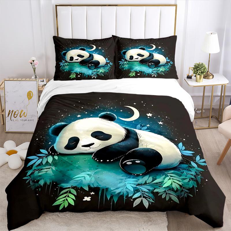 3pcs Moonlit Night Panda Bedding Set - Includes Quilt Cover and Pillowcases, Suitable for All Seasons, Machine Washable - Ideal Gift for Fam