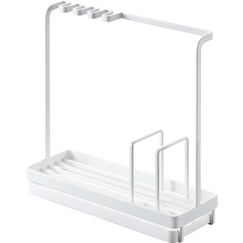 Yamazaki Sponge & Cleaning Tool Stand, White, Approx. W25 x D9 x H24.5cm, Tower, Double-Sided Tray, Sponge Rack, Tool Hooks, 4993