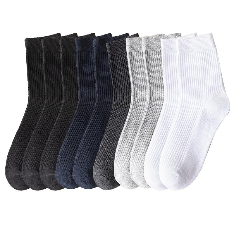 10 Pairs Men's Cotton Striped Socks Breathable All Season Solid Color Business Warm Knit Middle Tube High Quality Socks