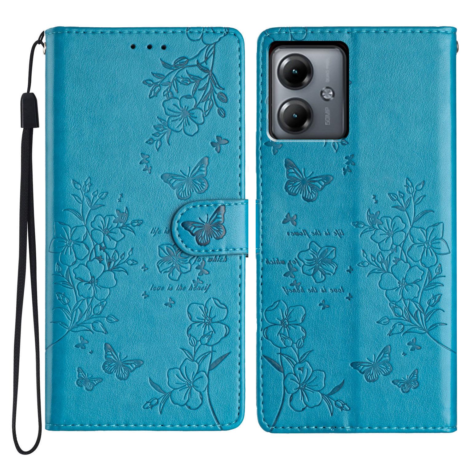 

For Motorola Moto G54 5G Leather Case Butterfly Floral Imprint Stand Phone Cover Blue