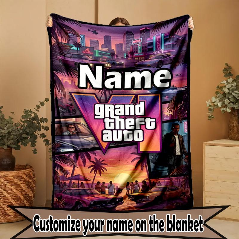 Custom Name Personalized Grand Theft Auto VI Print Blanket, Home Decor, Bedroom, Sofa, Camping, Couch, Gifts for Birthday Christmas