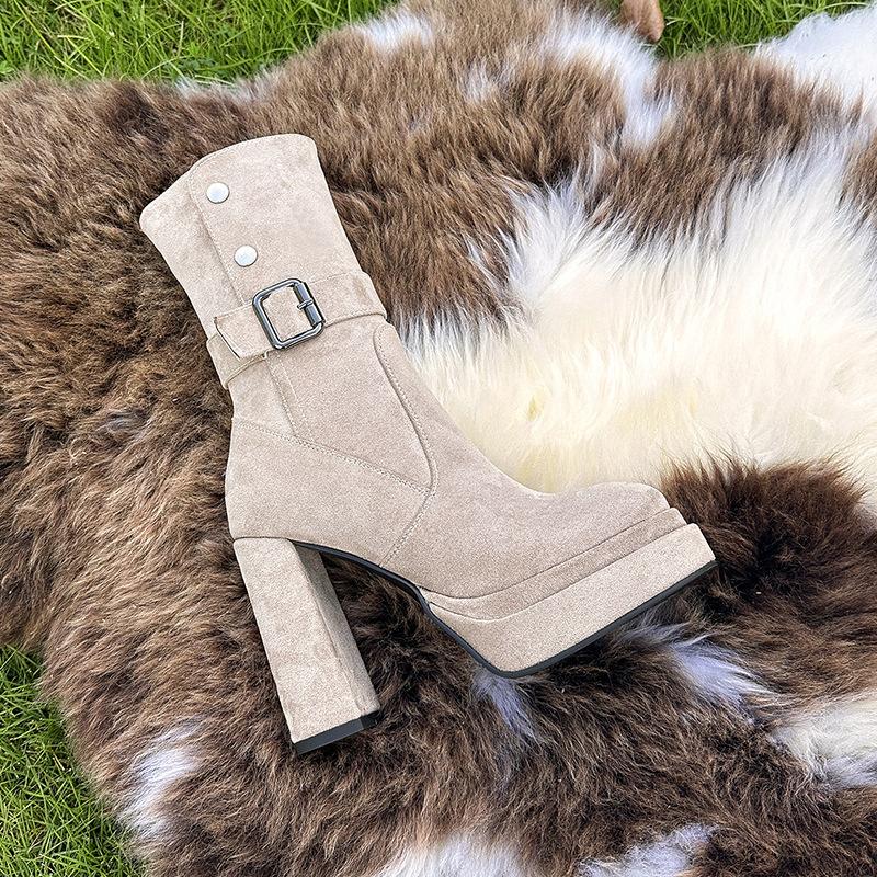 Frosted Thick Heel Slim Retro European and American Platform Zipper Western Boots Women's 2025 Autumn and Winter New Fashion Martin Boots
