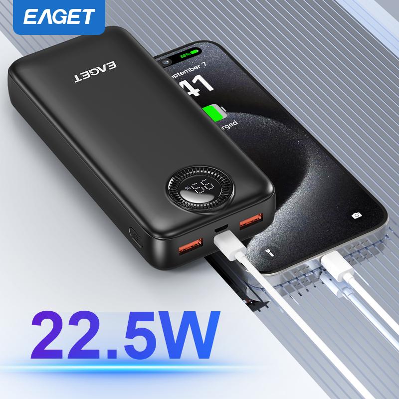 EAGET 20000mAh Powerbank PD 22.5W Superrask Lading Powerbank med LED Batteridisplay for iPhone 14-17 Android/Samsung/Nettbrett