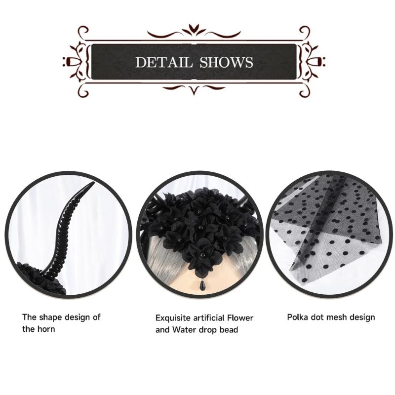 Punk Goat Horn Hairband for Halloween Party Gathering with Flower and Tulle Adult Women Roleplaying Game Accessories