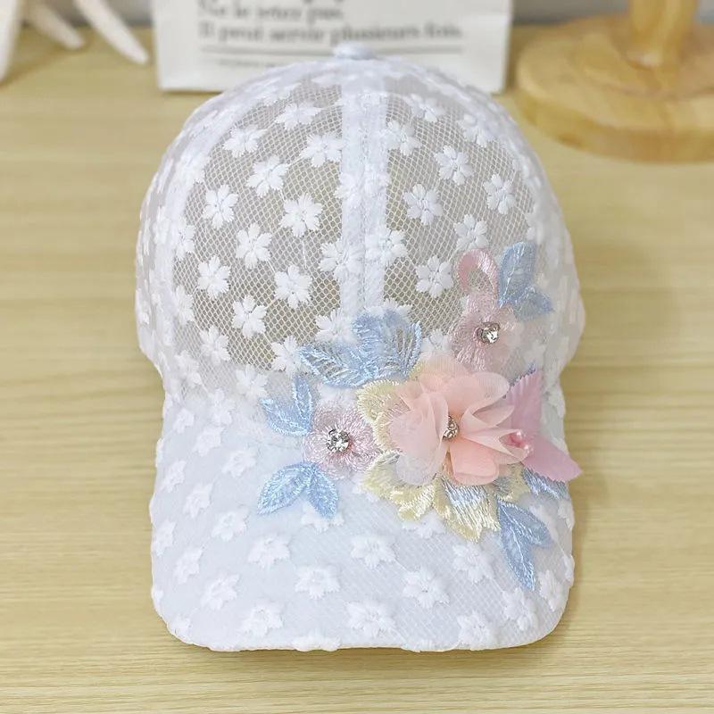 Elegant Lace-Trimmed Breathable Baseball Cap With Flower Embroidcery & Faux Pearls - Adjustable & Chic For Every Woman