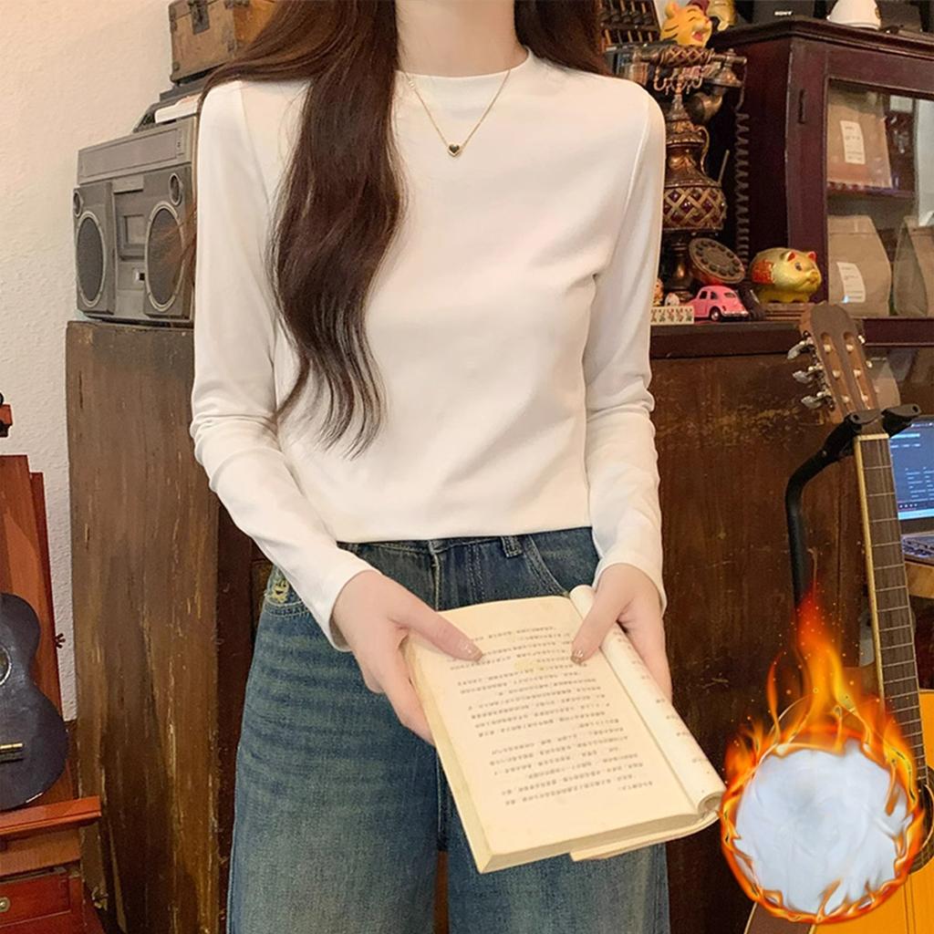 Amerykańskie retro elastyczne dopasowane T-shirt z długim rękawem na prawe ramię dla kobiet jednolity kolor okrągły dekolt podstawowa koszulka bazowa zakrywająca ciało