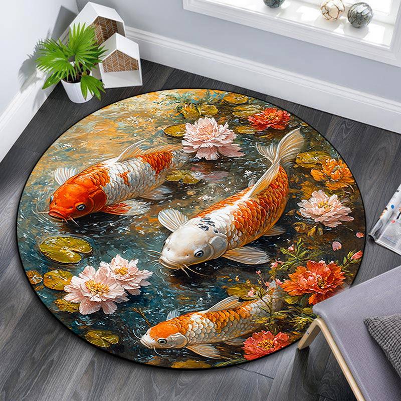 Koi Fish Round Area Rug,Carpet Rug for Living Room Bedroom Sofa Playroom Decor,Non-slip Floor Mat