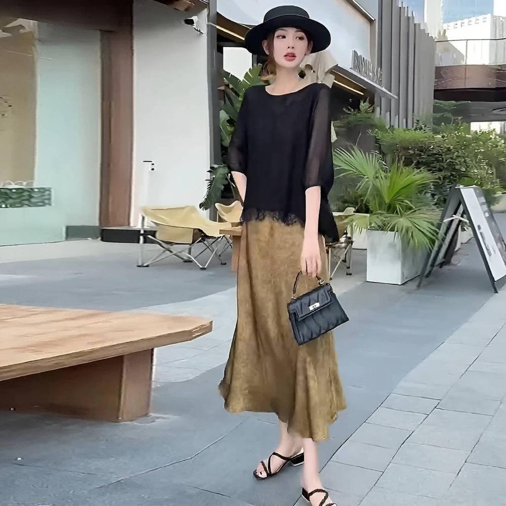 Top alla moda in chiffon morbido con maniche a tre quarti da donna, casual, protezione solare, camicetta in pizzo, vestibilità aderente