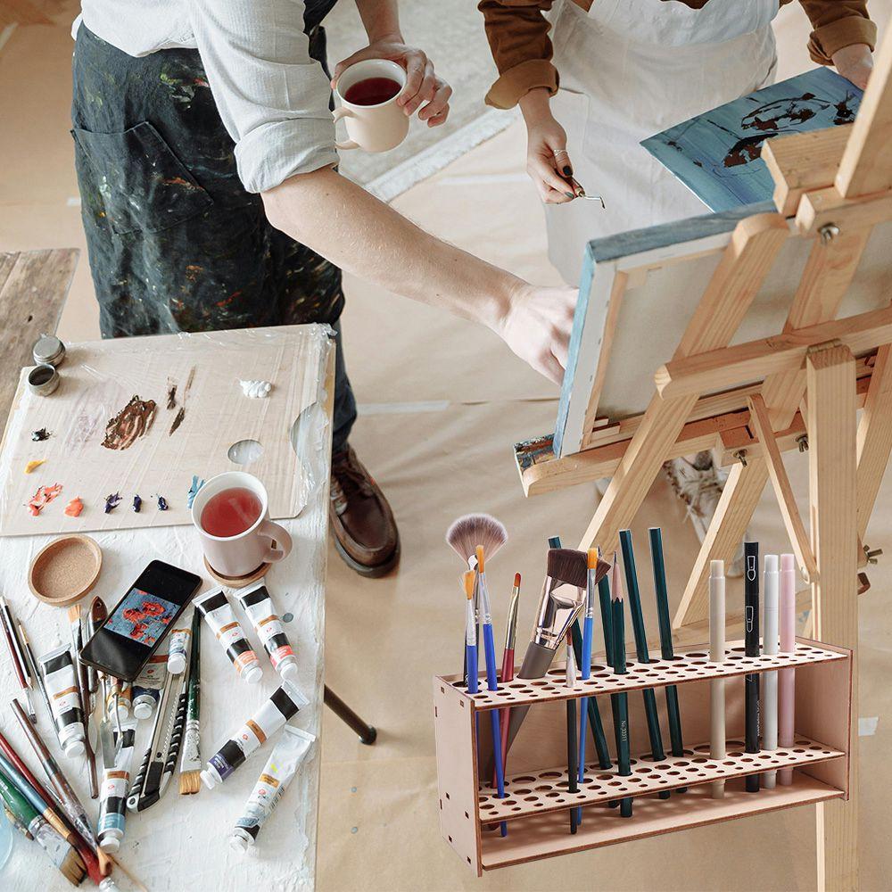 Wooden Frame Paint Brush Holder 67 Holes Cosmetic Brushes Shelf Paint Brushes