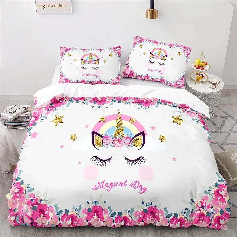 Cartoon Unicorn Floral Rainbow Girl's Eyelash Comfortable Duvet Quilt Cover Pillowcase Bedding Set Children Bedroom Home Textile