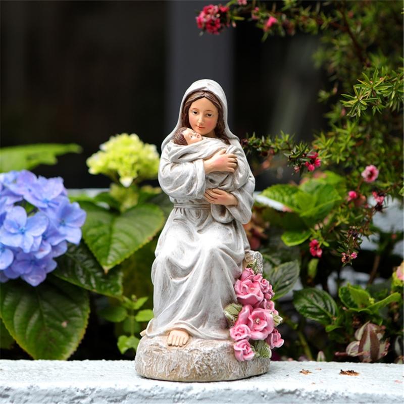Artistic Religious Mother Son Statue Resins Figurine with LED Light Nursery Decors Mother Day Present For New Mom