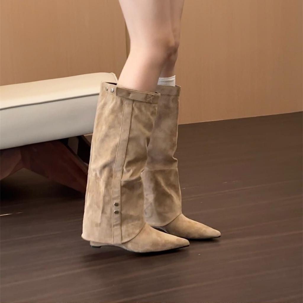 Keilabsatz Vintage Braun Maillard Hose Stiefel Damenstiefel 2025 Herbst/Winter Hoher Absatz Spitz Zulaufend Skinny Stiefel