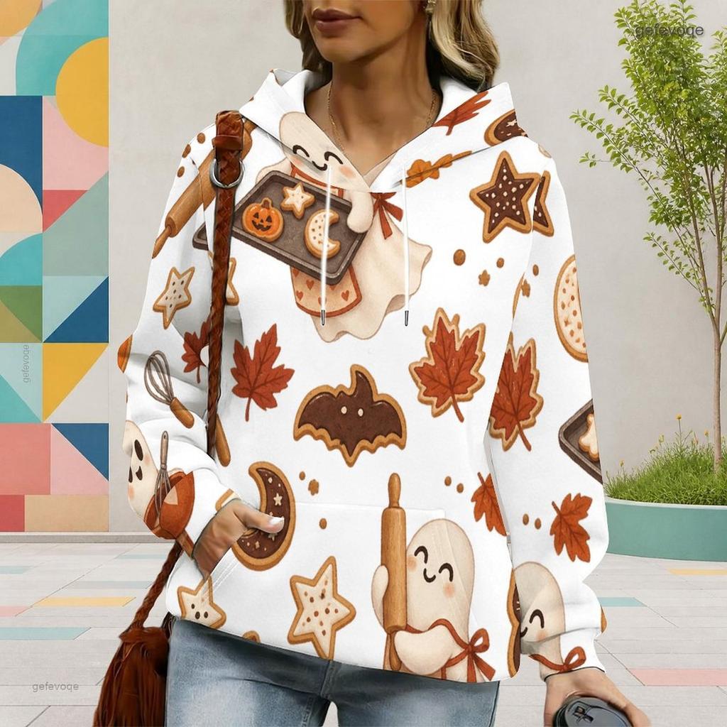 Women Plus Size Long Sleeve Drawstring Hoodie Cute Cartoon Bat Print White Kangaroo Pocket Pullover