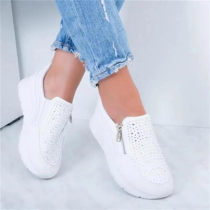 Women Crystal Sneaker Spring Autumn Casual Zipper Flat Shoes Women Non-slip Breathable Outdoor Vulcanized Shoes Woman dfg45
