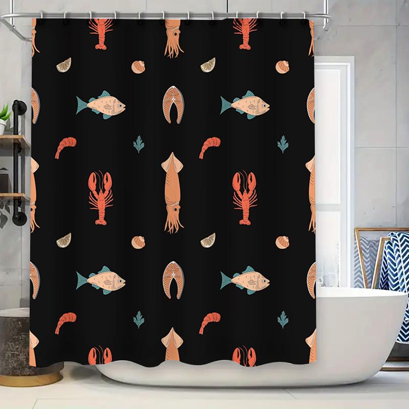 

Aquatic Life Animal Print Shower Curtain Fish Lobster Design In Pastel Colors Black Fabric Waterproof Bath Decor For Home Decora W60H190(CM)-1 Pcs
