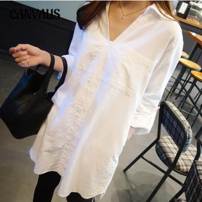 Mittellanges weißes Hemd mit V-Ausschnitt für Damen, lockeres, langärmeliges Lazy Chic-Shirt