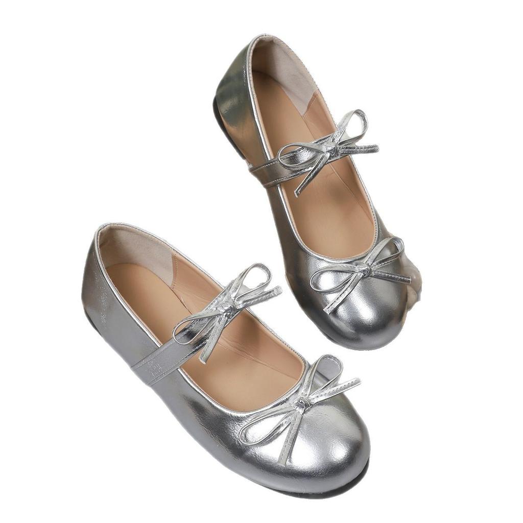 Fashion Silver Bowknot Decor Ballet Flats for Women Spring Summer Comfort Slip On Flat Shoes Woman Lightweight Soft Sole Mary Jane Shoes
