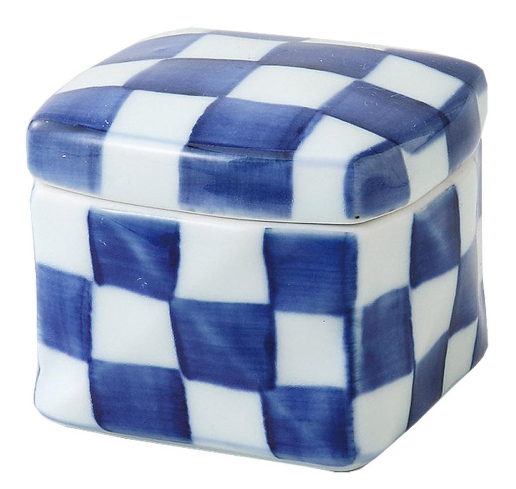 Nishikai Pottery Hasami Ware Square Ceramic Box Blue and White Checkered Pattern 63039 (Small)