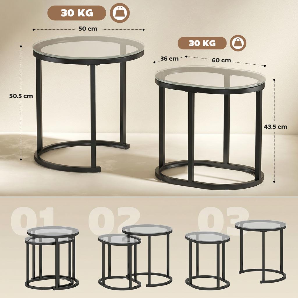 Nest Of Tables With Steel Frame And Tempered Glass Tabletop Modern Coffee Table Set Of 2 Black