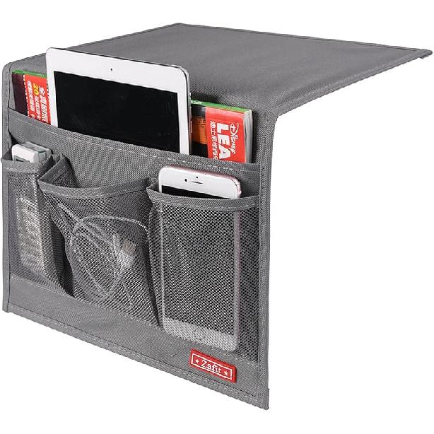 Bedside Storage Organizer, Table Cabinet Bedside Organizer Caddy for Remotes Phone Glasses (Classic 4 Pockets-Grey)