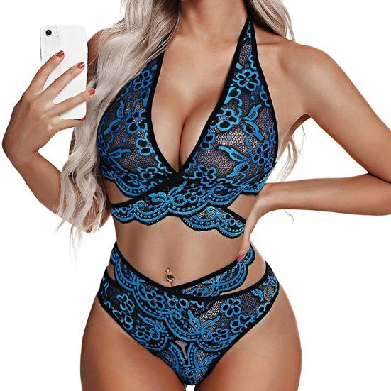 Sexy Lace Underwear Set Floral Lace Bralette And Panty Babydoll Outfits Halter Bra V Waist Briefs Women 2 Piece Underwear Set