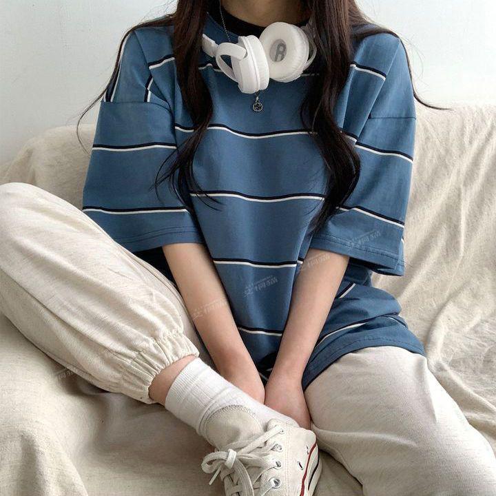 Women's Oversized Cotton T-Shirt: Trendy Korean Style, Short Sleeve, Mid-Length, Plus Size Summer Stripes.