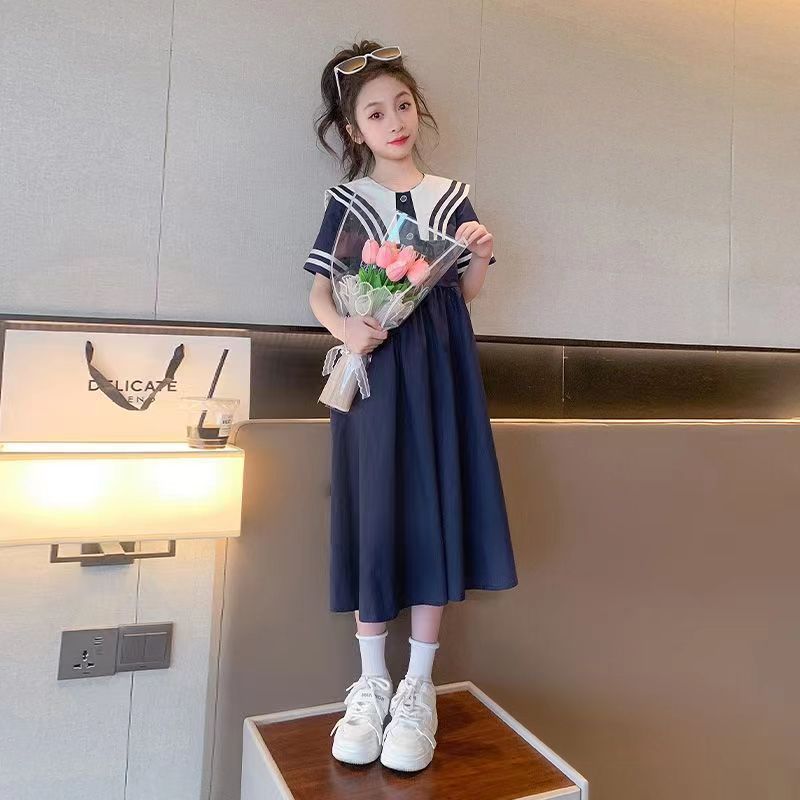 Girls Summer Preppy Knee-Length Dress for Elementary School