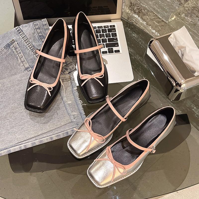 Neue Damen-Halbschuhe für Frühling und Herbst mit niedrigem Absatz, Schleife, flachem Ausschnitt, Schnalle, runder Spitze, Kawaii-Schuhe zapatos