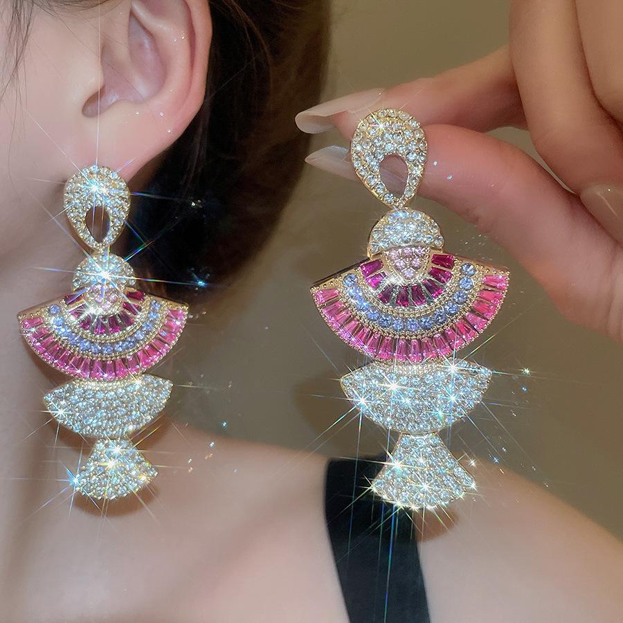 European and American geometric color flower zircon fringed earrings, stud earrings, exquisite luxury earrings, women