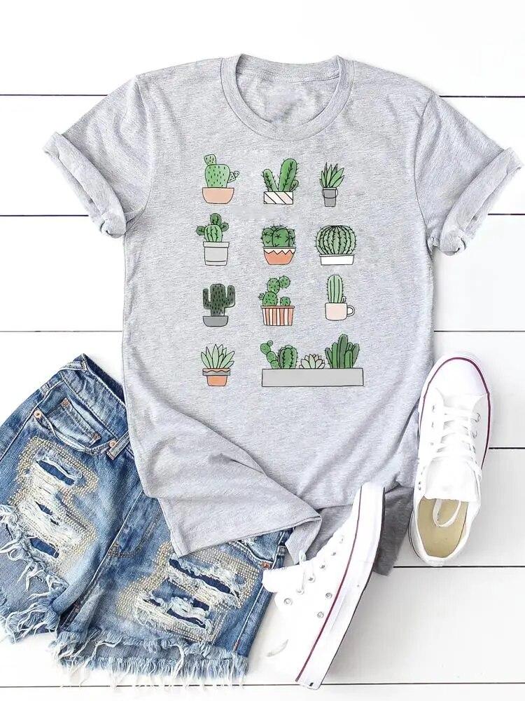 Print T-shirts Clothing Women 90s Sweet Lovely Cactus Trend T Clothes Short Sleeve Ladies Casual Fashion Female Graphic Tee