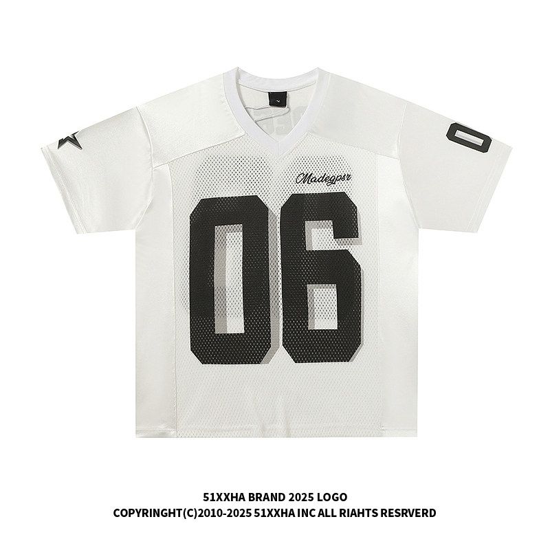 51 Hip-Hop American Style Trendy Brand Patchwork Mesh V-Neck Jersey Short-Sleeve T-Shirt for Men and Women, Breathable and Cool Summer Sports Top