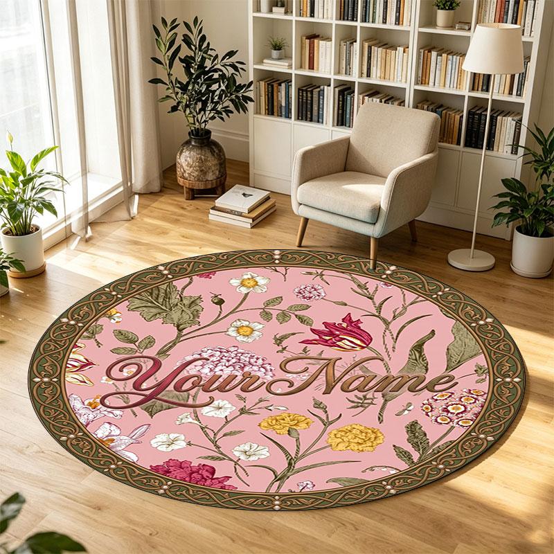 Floral Flowers (855) Theme Circular Crystal Velvet Carpet Customized Name & Text Round Soft Floor Rug For Living Room Bedroom Decor